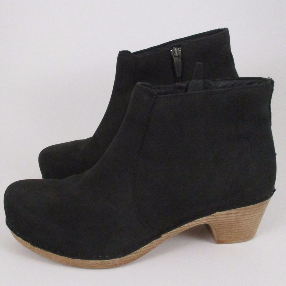 Dansko Black Suede Ankle Booties with Wood Heel